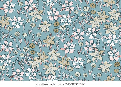 Cute feminine seamless watercolor pattern with little tiny wildflowers, hand drawn, not AI