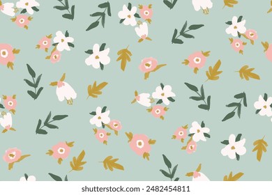 Cute feminine seamless watercolor pattern with little tiny wildflowers, hand drawn, not AI