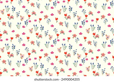 Cute feminine seamless watercolor pattern with little tiny wildflowers, hand drawn, not AI