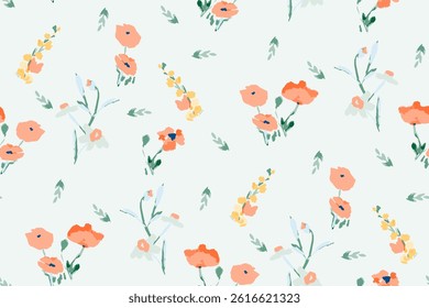 Cute feminine seamless watercolor pattern with little tiny wildflowers, hand drawn, not AI