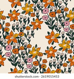 Cute feminine seamless watercolor pattern with little tiny wildflowers, hand drawn, not AI