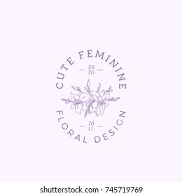 Cute Feminine Vector Sign, Symbol or Logo Template. Abstract Retro Floral Illustration with Classy Typography. Premium Quality Emblem for Beauty Salon, SPA, Wedding Boutiques, etc. Isolated.