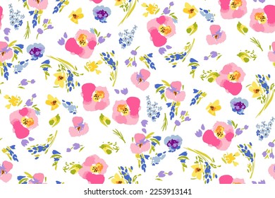 Cute feminine watercolor seamless pattern with wildflowers.