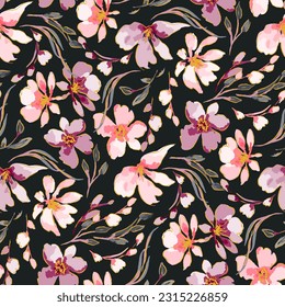 Cute feminine watercolor seamless pattern with wildflowers.