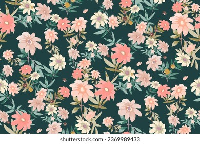 Cute feminine watercolor seamless pattern with wildflowers. hand drawn, not AI