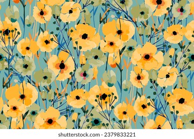 Cute feminine watercolor seamless pattern with poppies.hand drawn, not AI