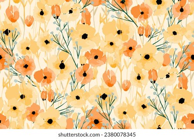 Cute feminine watercolor seamless pattern with poppies.hand drawn, not AI