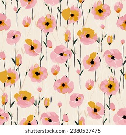 Cute feminine watercolor seamless pattern with poppies.hand drawn, not AI