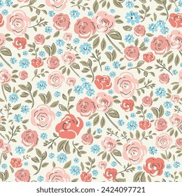 A cute, feminine watercolor seamless pattern featuring pink and blue wildflowers against a light yellow background.