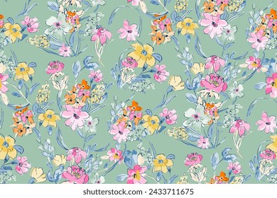 Cute feminine watercolor seamless pattern with wildflowers.hand drawn, not AI