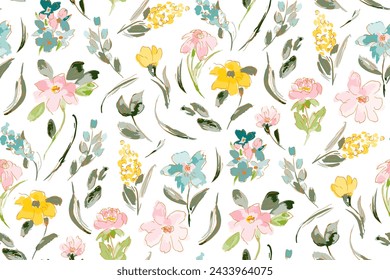 Cute feminine watercolor seamless pattern with wildflowers.hand drawn, not AI