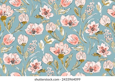 Cute feminine watercolor seamless pattern with wildflowers.hand drawn, not AI
