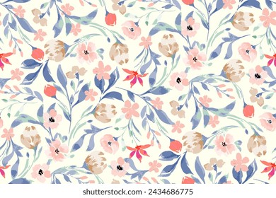 Cute feminine watercolor seamless pattern with wildflowers.hand drawn, not AI