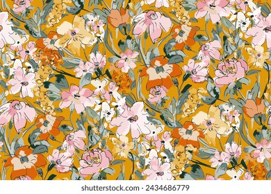 Cute feminine watercolor seamless pattern with wildflowers.hand drawn, not AI