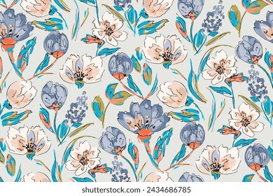 Cute feminine watercolor seamless pattern with wildflowers.hand drawn, not AI
