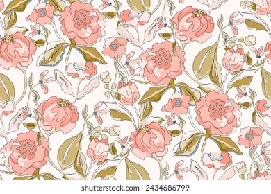 Cute feminine watercolor seamless pattern with wildflowers.hand drawn, not AI