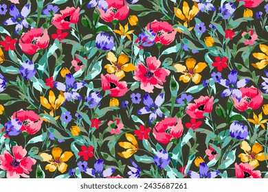 Cute feminine watercolor seamless pattern with wildflowers.hand drawn, not AI