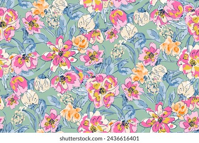 Cute feminine watercolor seamless pattern with wildflowers.hand drawn, not AI
