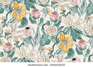 Cute feminine watercolor seamless pattern with wildflowers.hand drawn, not AI