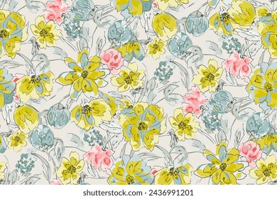 Cute feminine watercolor seamless pattern with wildflowers.hand drawn, not AI
