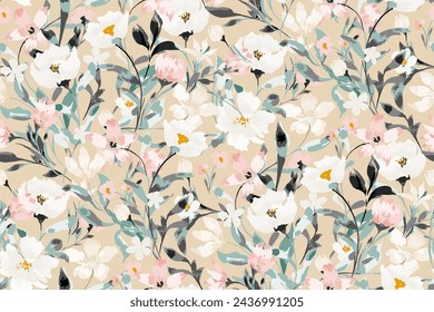 Cute feminine watercolor seamless pattern with wildflowers.hand drawn, not AI