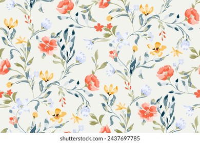 Cute feminine watercolor seamless pattern with wildflowers.hand drawn, not AI