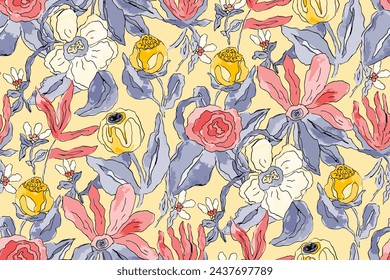 Cute feminine watercolor seamless pattern with wildflowers.hand drawn, not AI
