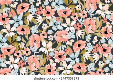 Cute feminine watercolor seamless pattern with wildflowers.hand drawn, not AI