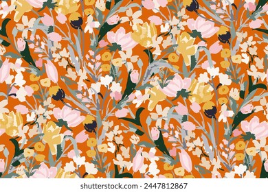 Cute feminine watercolor seamless pattern with wildflowers.hand drawn, not AI