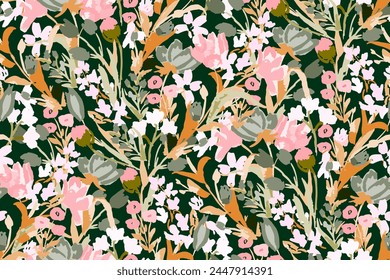 Cute feminine watercolor seamless pattern with wildflowers.hand drawn, not AI