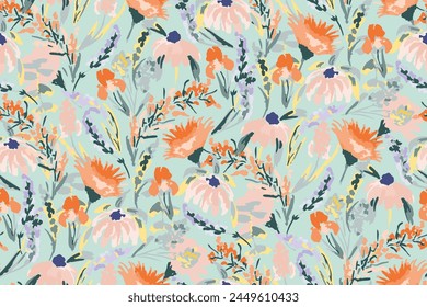 Cute feminine watercolor seamless pattern with wildflowers.hand drawn, not AI