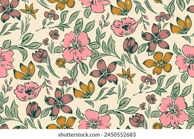 Cute feminine watercolor seamless pattern with wildflowers.hand drawn, not AI