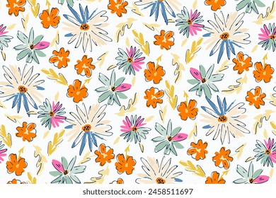 Cute feminine watercolor seamless pattern with wildflowers.hand drawn, not AI