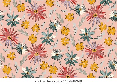 Cute feminine watercolor seamless pattern with wildflowers.hand drawn, not AI