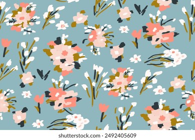 Cute feminine watercolor seamless pattern with wildflowers.hand drawn, not AI
