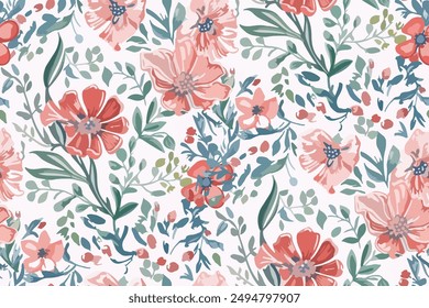 Cute feminine watercolor seamless pattern with wildflowers. 