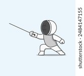 Cute Fencing Character Attack. Vector Cartoon Illustration.