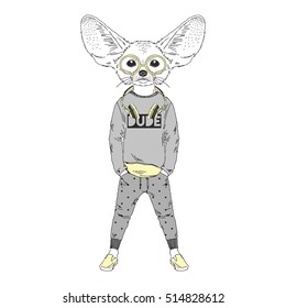 cute fennec fox boy hipster with headphones, anthropomorphic illustration for kids