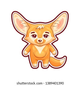 Cute fennec fox calmly stands with smile. Amusing kawaii cartoon character. Funny emotion and face expression. Isolated on white background