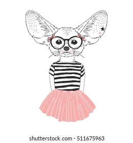 cute fennec fox girl, furry art illustration, fashion animals