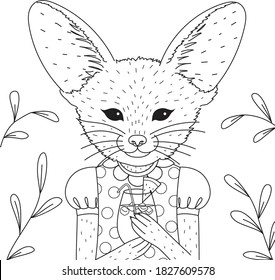 Cute Fennec fox having cocktail drink design for adult coloring book or print on product. Vector illustration.