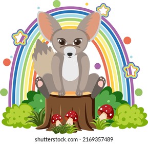 Cute fennec fox on stump in flat cartoon style illustration