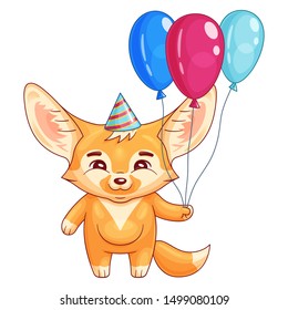 Cute fennec fox in a party hat holds air-balloons attached to string. Amusing kawaii cartoon character. Birthday party, family occasion illustration. Funny emotion and face expression
