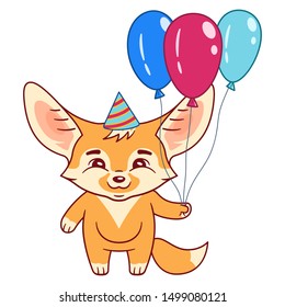 Cute fennec fox in a party hat holds air-balloons attached to string. Amusing kawaii cartoon character. Birthday party, family occasion illustration. Funny emotion and face expression