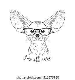 cute fennec fox portrait, hand drawn animal illustration, tee graphic