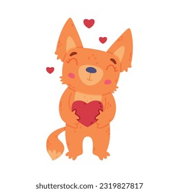 Cute Fennec Fox with Red Coat and Large Ears Holding Heart Feeling Love Vector Illustration