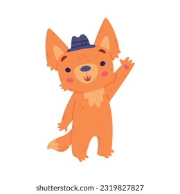 Cute Fennec Fox with Red Coat and Large Ears in Hat Waving Paw Vector Illustration