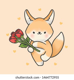 Cute fennec fox and rose flowers hand drawn cartoon animal character. Hand drawing vector. Cartoon character design.