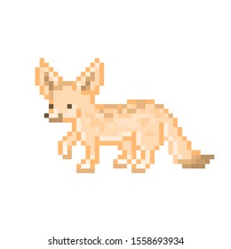 Cute fennec fox walking, pixel art character isolated on white background. 8 bit wildlife desert animal icon. Old school vintage retro slot machine/video game graphics. Zoo/safari park logotype.