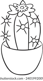 Ilustración de arte de la línea de vectores blanco y negro de cute Ferocactus